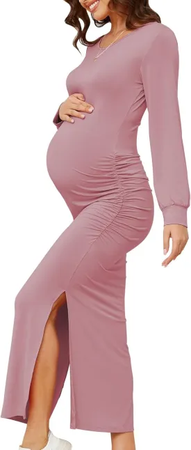 Women's Maternity Dress Long Sleeve Bodycon Split Maxi Dresses for Baby Shower 2025 Spring Pregnancy Clothes