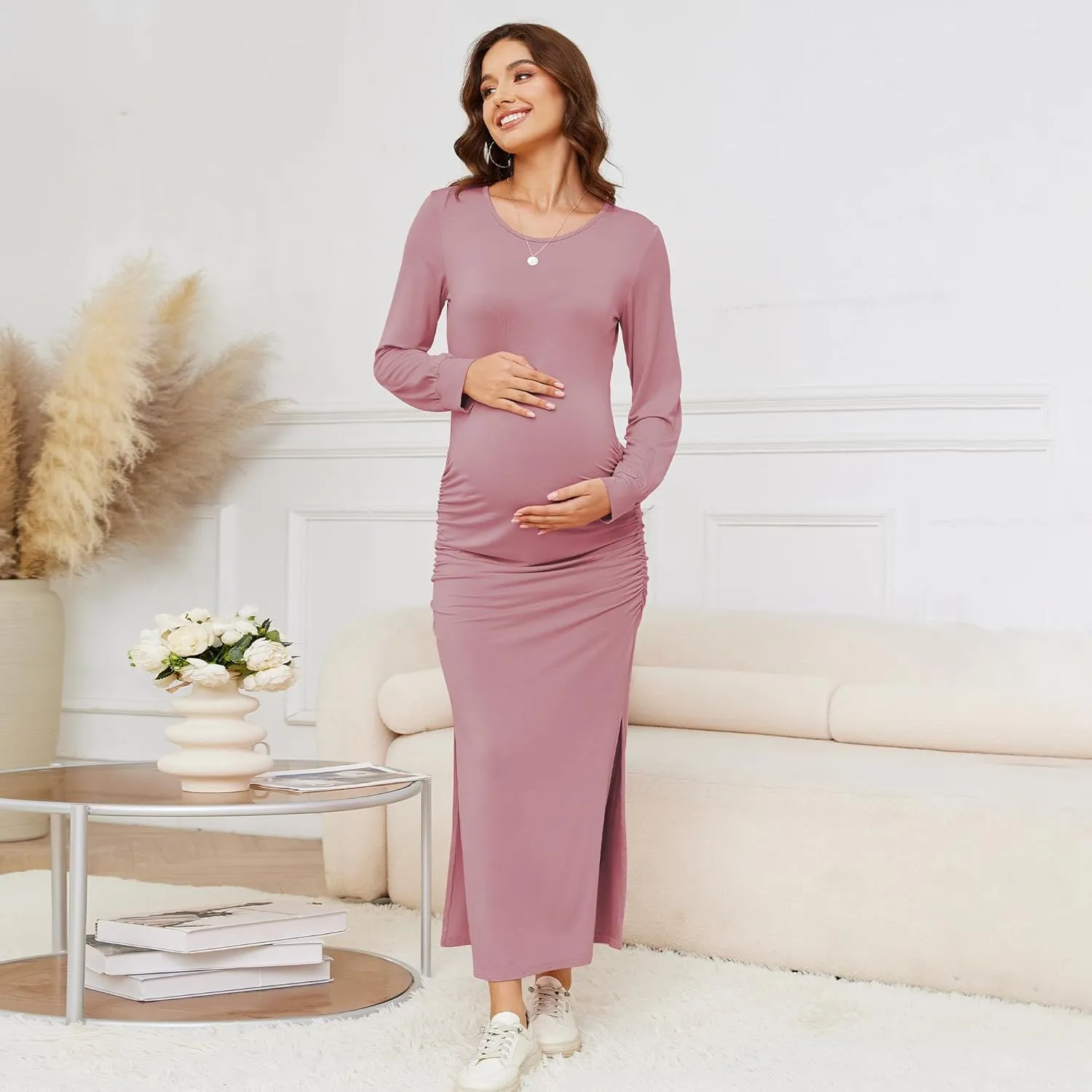Women's Maternity Dress Long Sleeve Bodycon Split Maxi Dresses for Baby Shower 2025 Spring Pregnancy Clothes