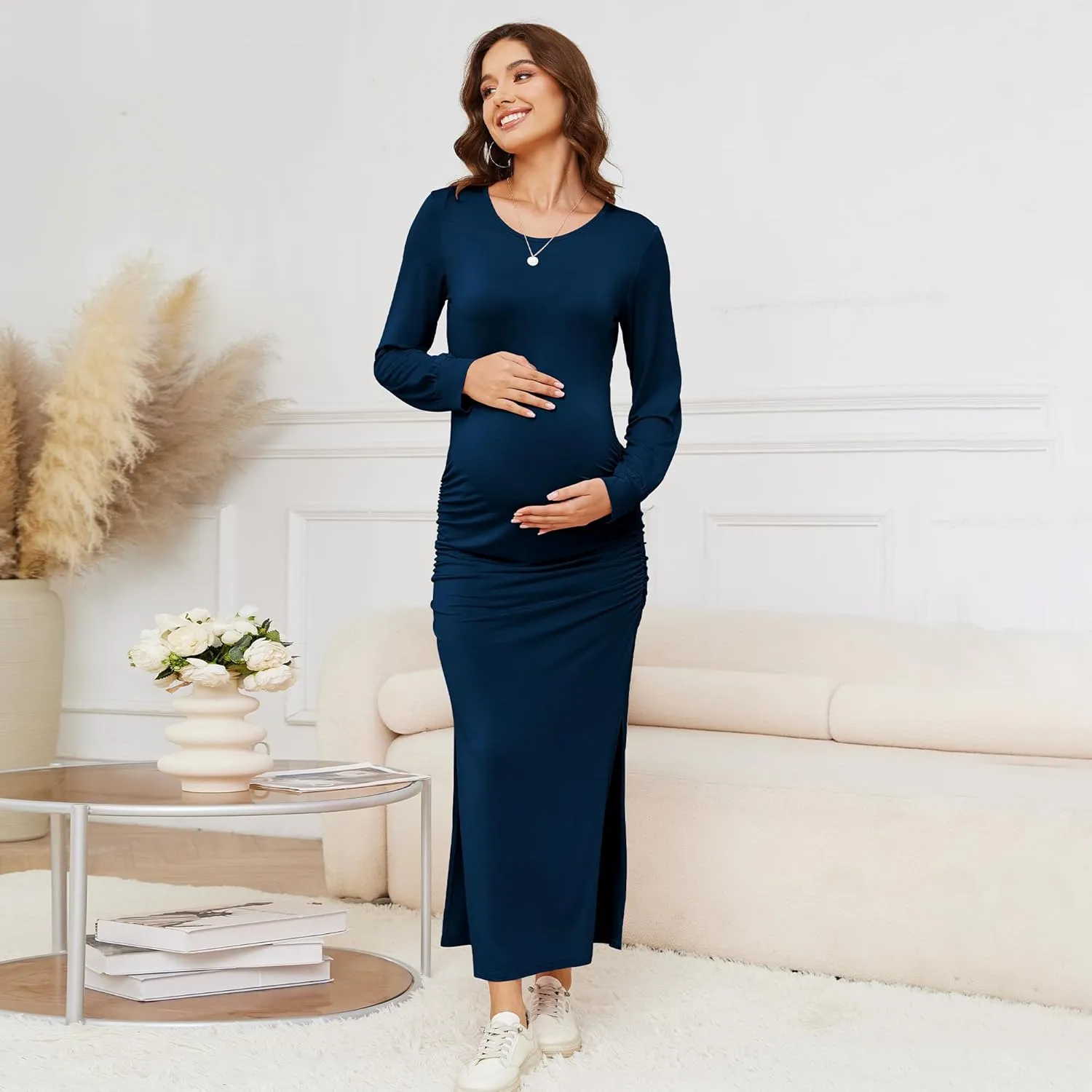 Women's Maternity Dress Long Sleeve Bodycon Split Maxi Dresses for Baby Shower 2025 Spring Pregnancy Clothes