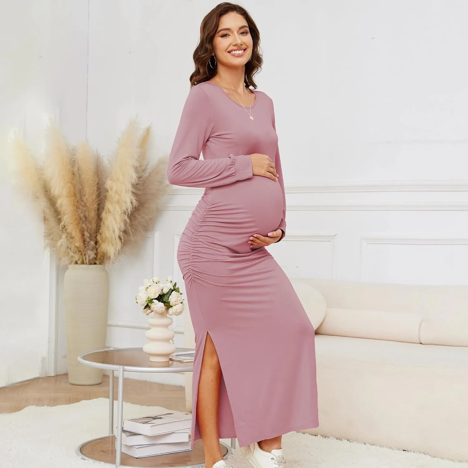 Women's Maternity Dress Long Sleeve Bodycon Split Maxi Dresses for Baby Shower 2025 Spring Pregnancy Clothes