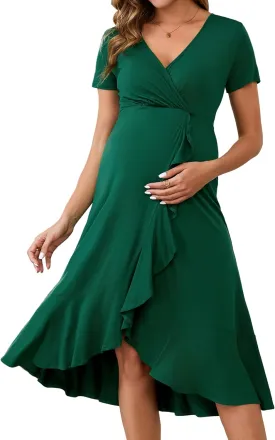 Women's Maternity Nursing Dress Wrap V Neck Pleated Short Sleeve Ruffle Semi Formal Pregnancy Breastfeeding