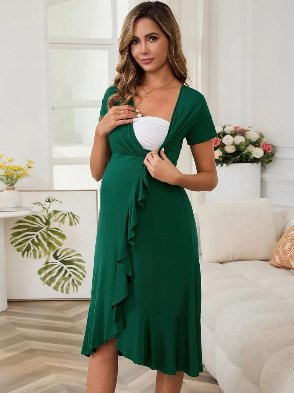 Women's Maternity Nursing Dress Wrap V Neck Pleated Short Sleeve Ruffle Semi Formal Pregnancy Breastfeeding