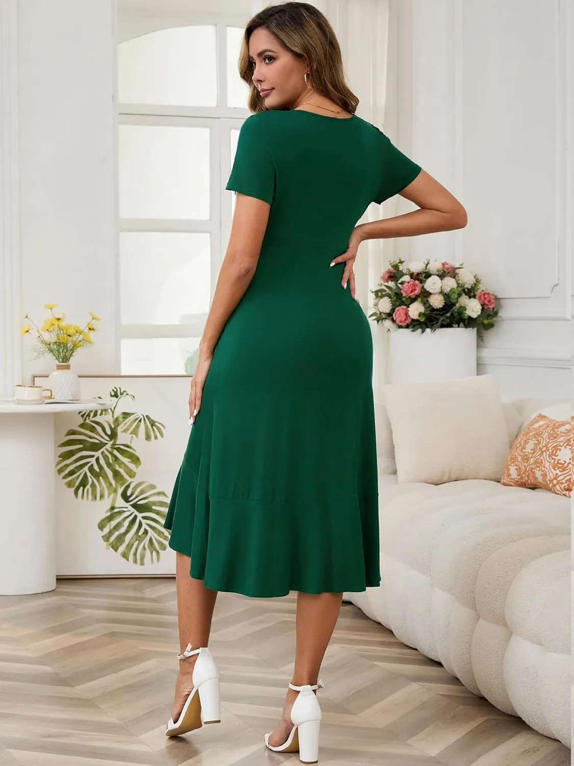 Women's Maternity Nursing Dress Wrap V Neck Pleated Short Sleeve Ruffle Semi Formal Pregnancy Breastfeeding