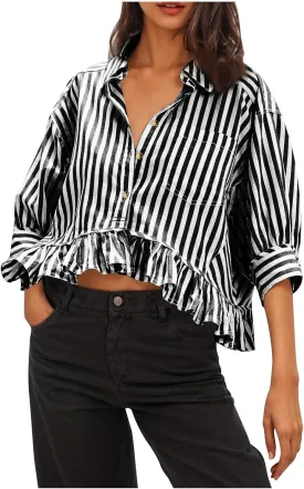 Womens Oversized Button Down 3/4 Sleeve Striped Crop Tops Summer Y2K Peplum Tops Shirts Dressy Blouse Tees