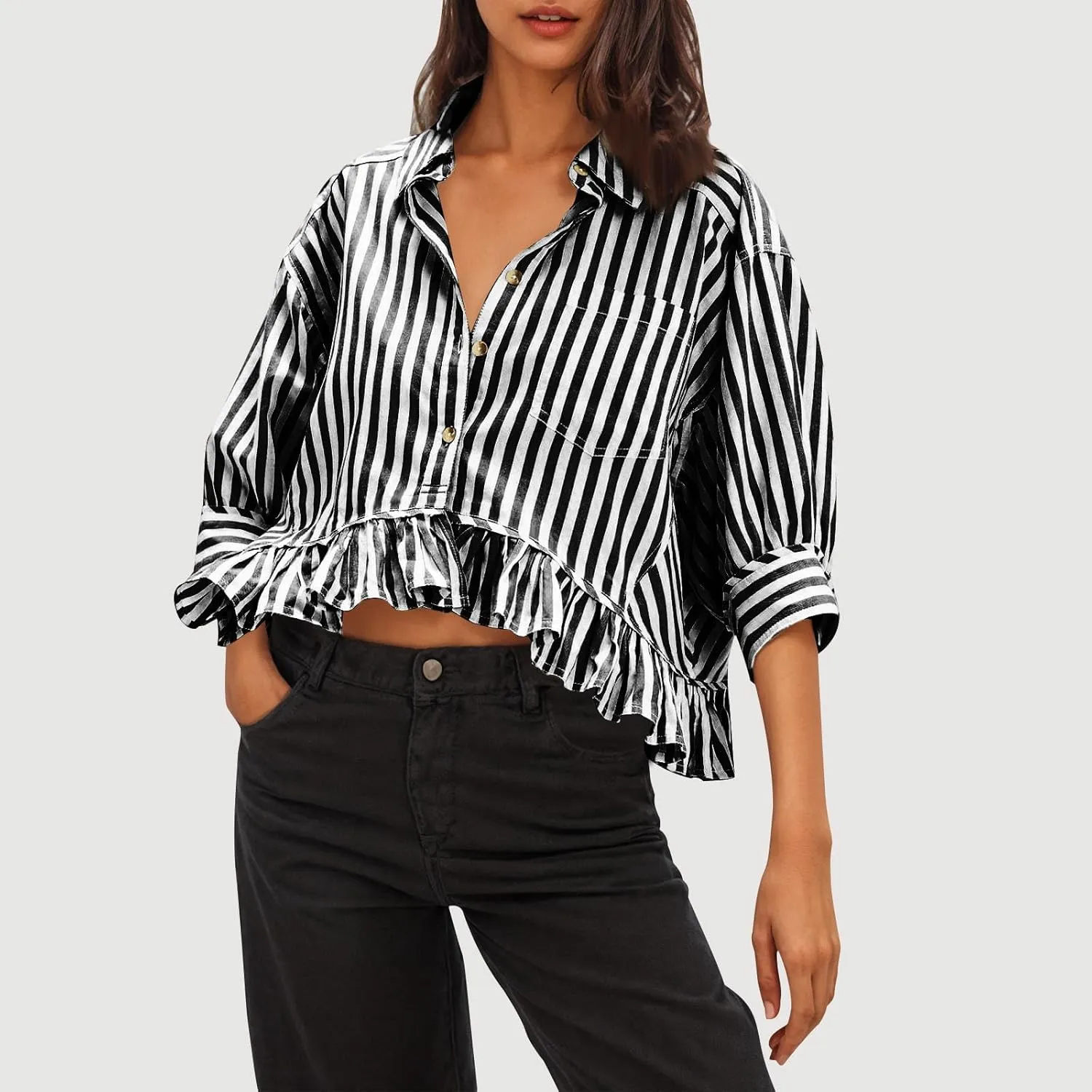Womens Oversized Button Down 3/4 Sleeve Striped Crop Tops Summer Y2K Peplum Tops Shirts Dressy Blouse Tees