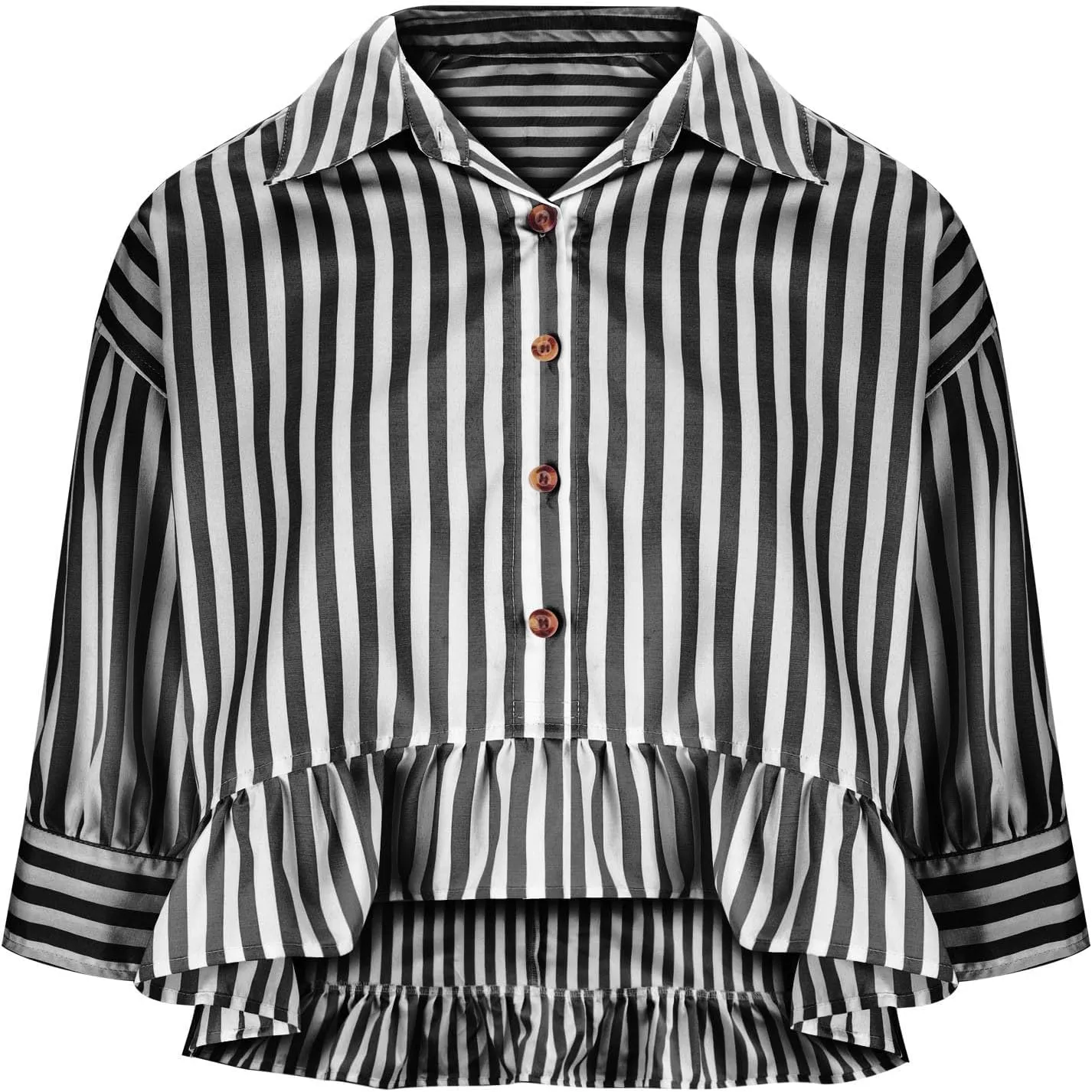 Womens Oversized Button Down 3/4 Sleeve Striped Crop Tops Summer Y2K Peplum Tops Shirts Dressy Blouse Tees