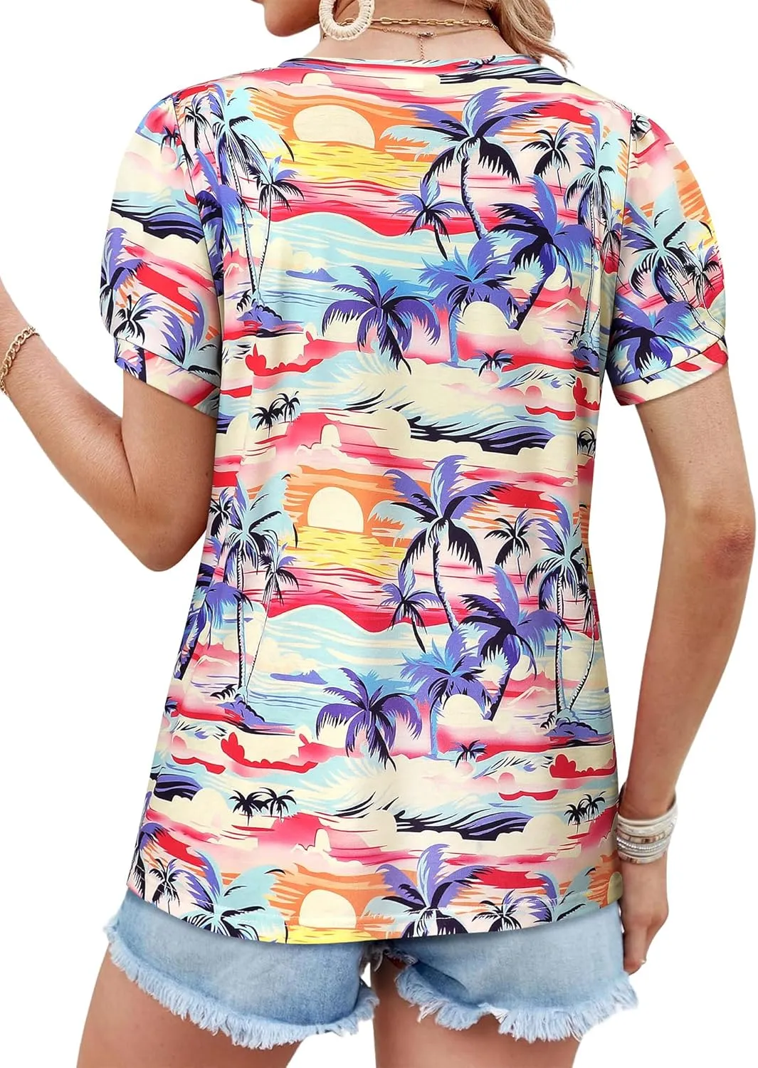 Womens Puff Short Sleeve Hawaiian Shirts Floral Tropic Printed Pleated V Neck Summer Casual T-Shirt Trendy Boho Blouses Tops