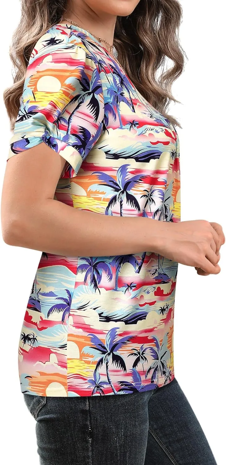 Womens Puff Short Sleeve Hawaiian Shirts Floral Tropic Printed Pleated V Neck Summer Casual T-Shirt Trendy Boho Blouses Tops