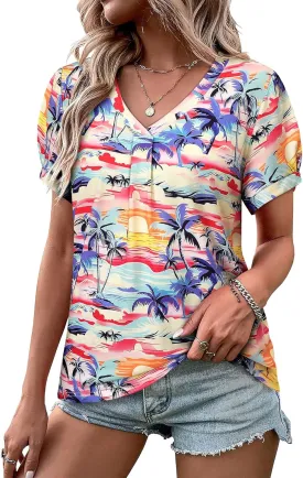 Womens Puff Short Sleeve Hawaiian Shirts Floral Tropic Printed Pleated V Neck Summer Casual T-Shirt Trendy Boho Blouses Tops