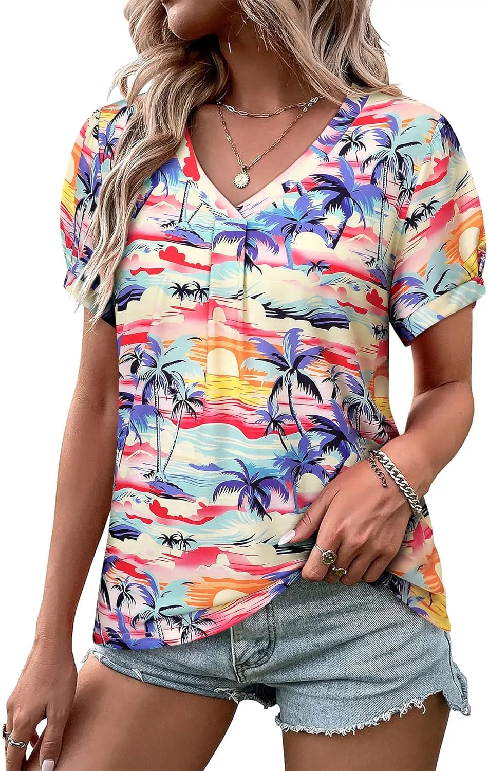 Womens Puff Short Sleeve Hawaiian Shirts Floral Tropic Printed Pleated V Neck Summer Casual T-Shirt Trendy Boho Blouses Tops