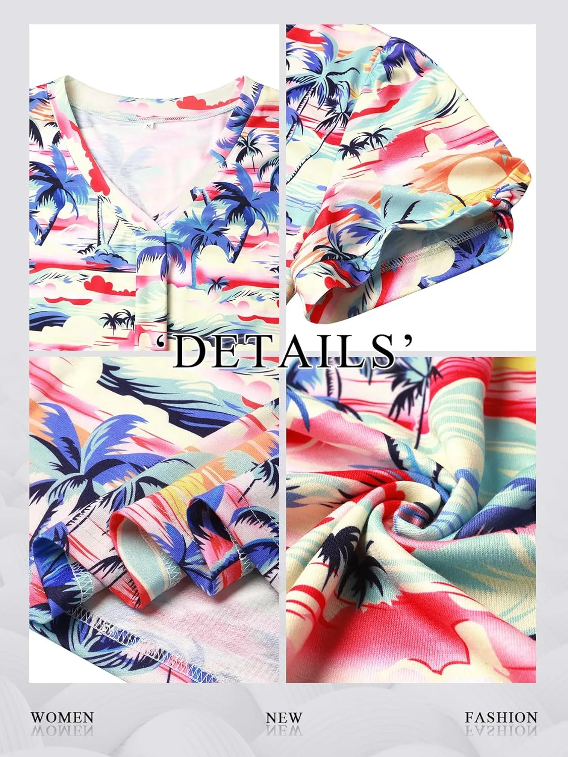 Womens Puff Short Sleeve Hawaiian Shirts Floral Tropic Printed Pleated V Neck Summer Casual T-Shirt Trendy Boho Blouses Tops
