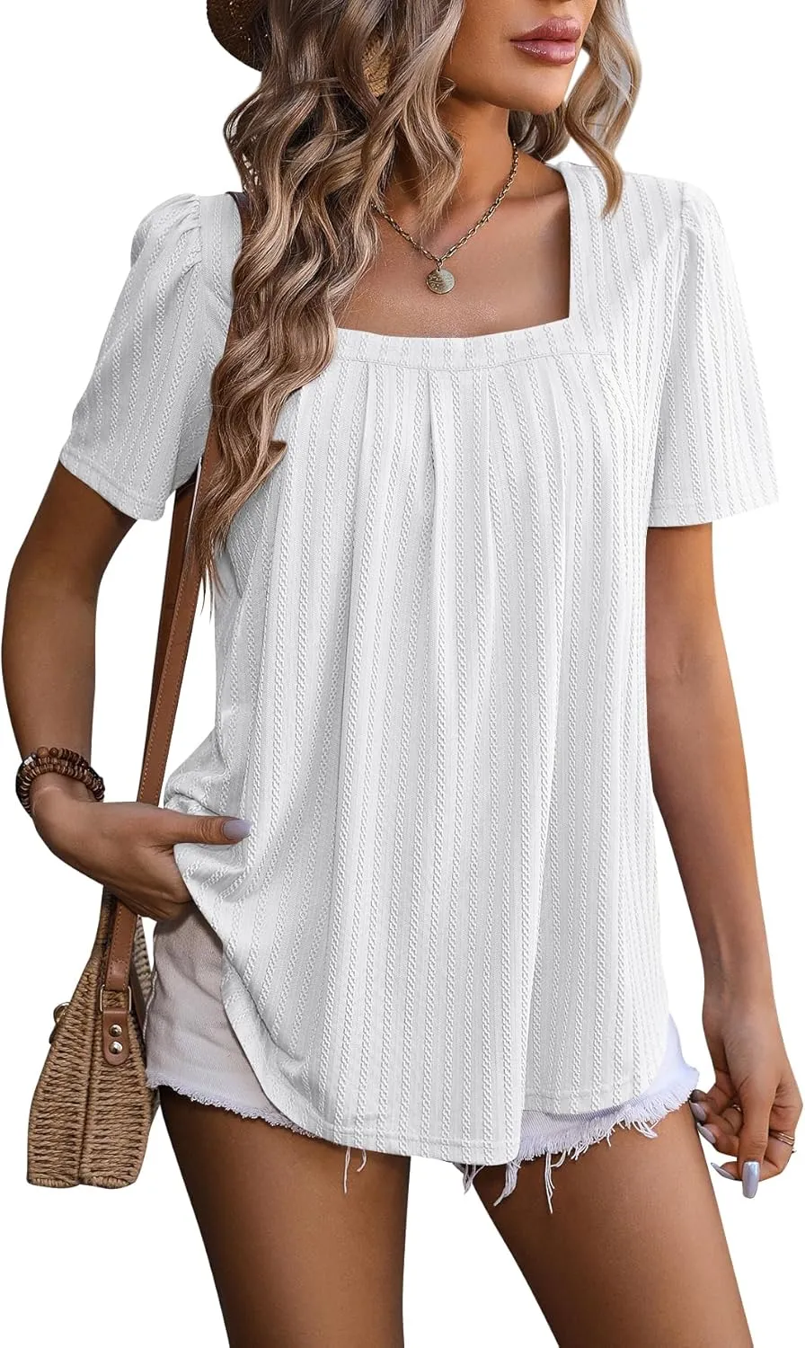 Womens Summer Casual Pleated Puff Short Sleeve Tops Square Neck Fashion Loose Blouse T Shirts Eyelet Embroidery