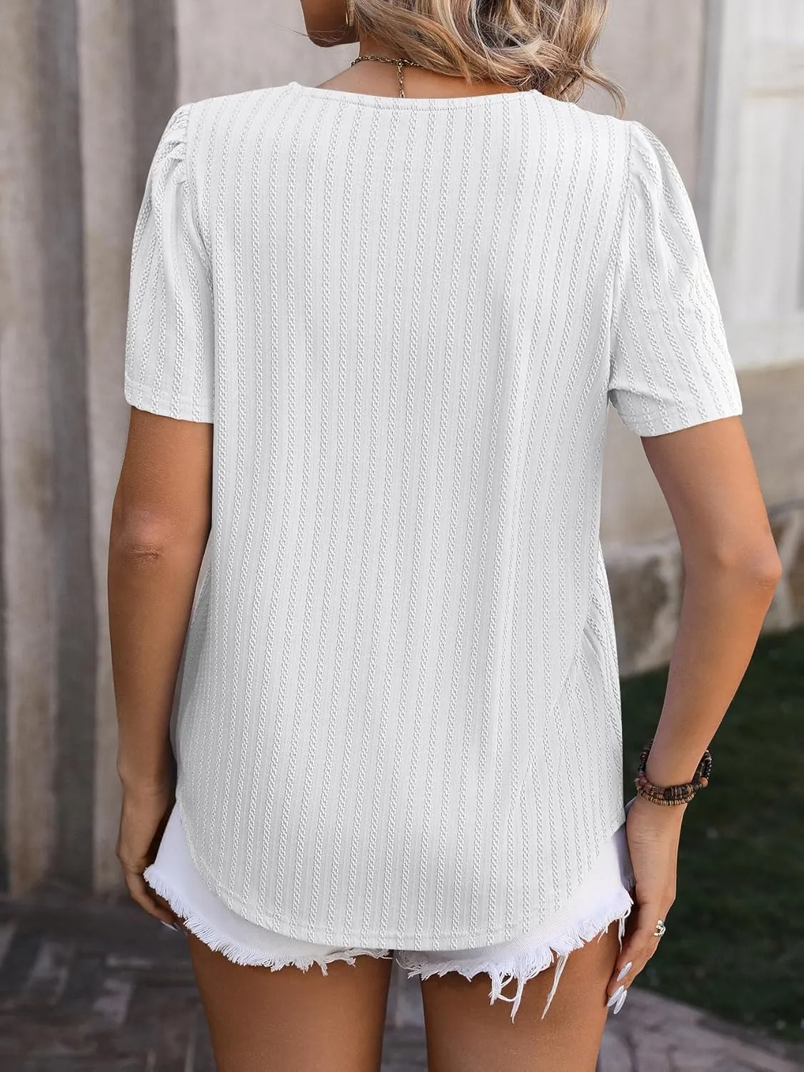 Womens Summer Casual Pleated Puff Short Sleeve Tops Square Neck Fashion Loose Blouse T Shirts Eyelet Embroidery