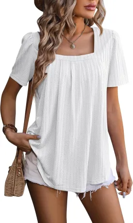 Womens Summer Casual Pleated Puff Short Sleeve Tops Square Neck Fashion Loose Blouse T Shirts Eyelet Embroidery