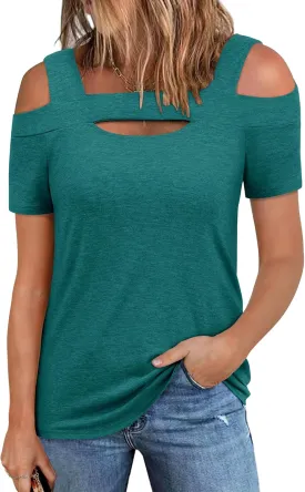 ZXZY Women Cold Shoulder Tops Summer Soft Cute Short Sleeve Cut Out Square Neck Blouse T-Shirts