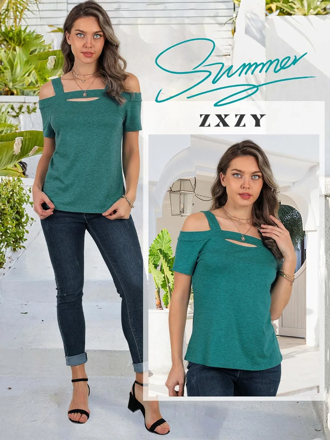 ZXZY Women Cold Shoulder Tops Summer Soft Cute Short Sleeve Cut Out Square Neck Blouse T-Shirts